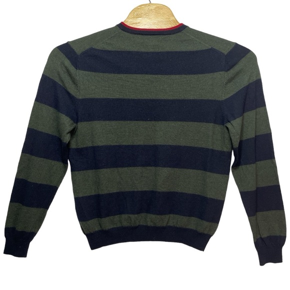 Brooks Brothers 100% Merino Wool Navy and Green Striped V Neck Sweater Men's L - Picture 2 of 8